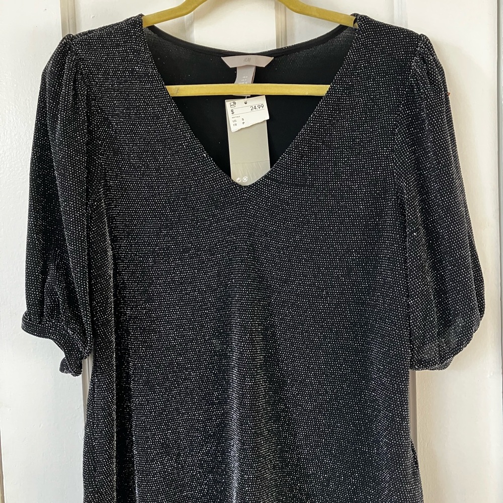 Black Glitter V-Neck Blouse